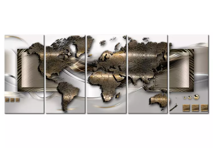 Canvas Elegant Map (5-piece) - Silver-Gold World with Abstraction in Background