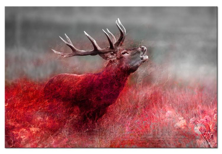Canvas Deer Roar (1-piece) - Howling Animal and Texts on Scarlet Field