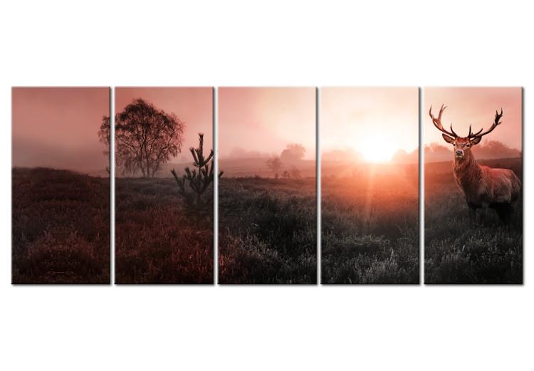 Canvas Sun on the Horizon (5-piece) - Deer and Fields in Red Hue