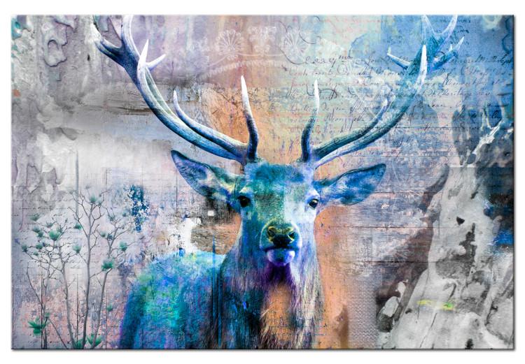 Canvas Blue Deer (1-piece) - Horned Animal and Texts on Wooden Background