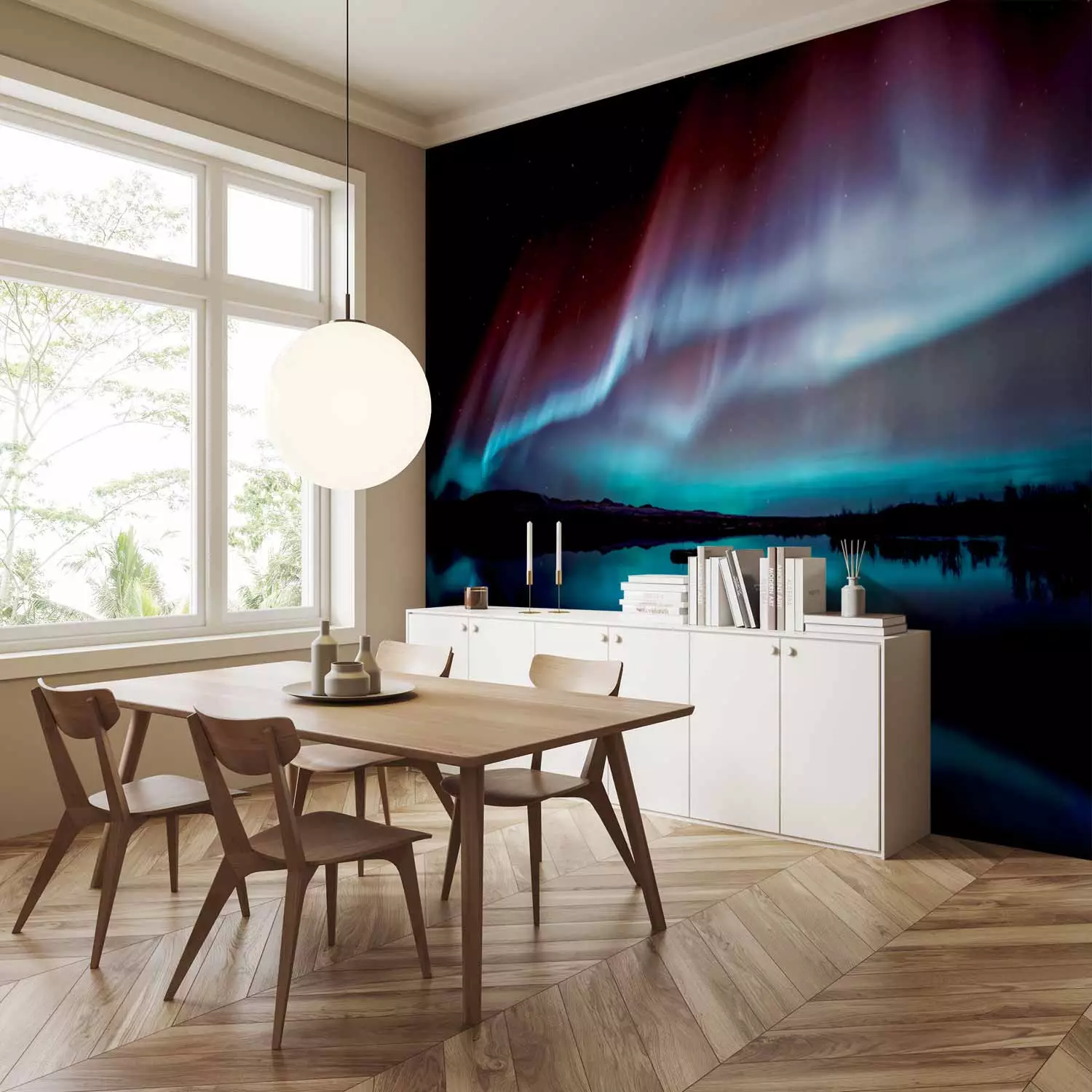 Wall Mural Beautiful aurora - nightscape with a lake and blue glow in the sky