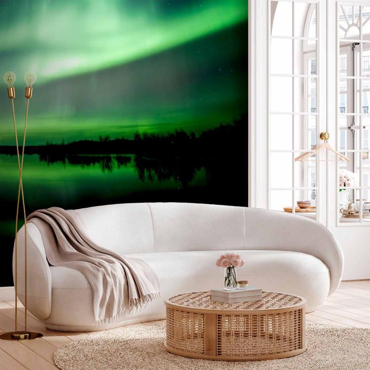 Wall Mural Nature's miracle - nightscape with a lake and a green glow in the sky