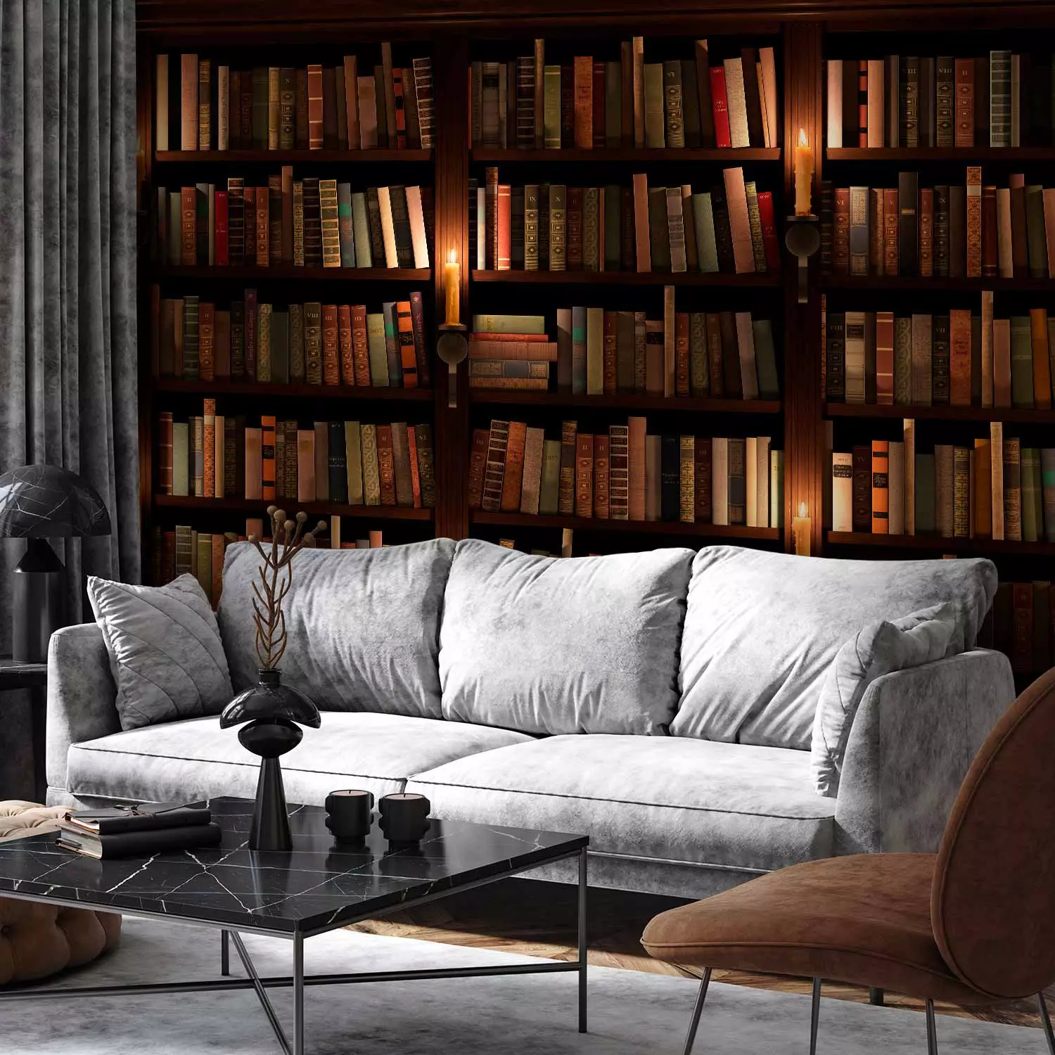 Photo Wallpaper Wooden shelves - retro-style bookcase with books and fire