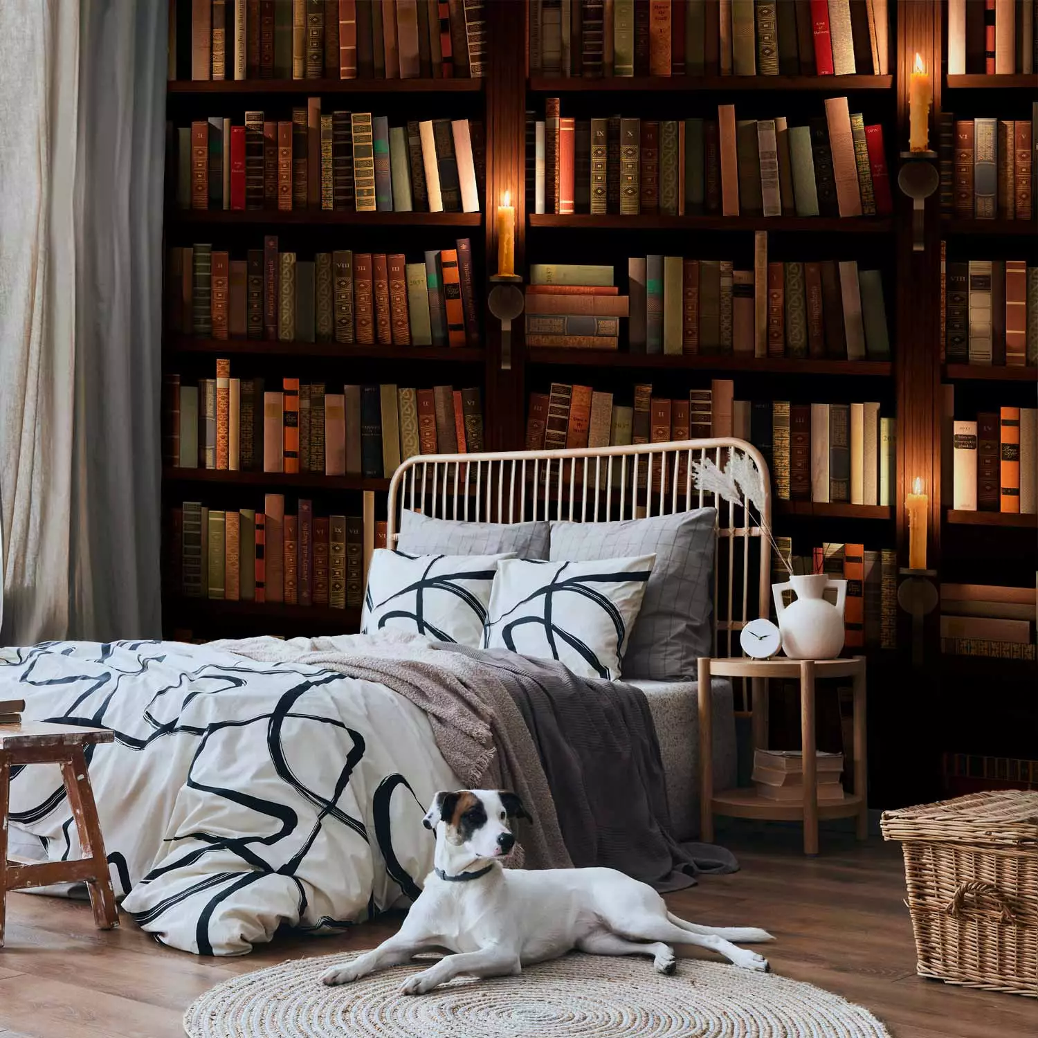 Photo Wallpaper Wooden shelves - retro-style bookcase with books and fire