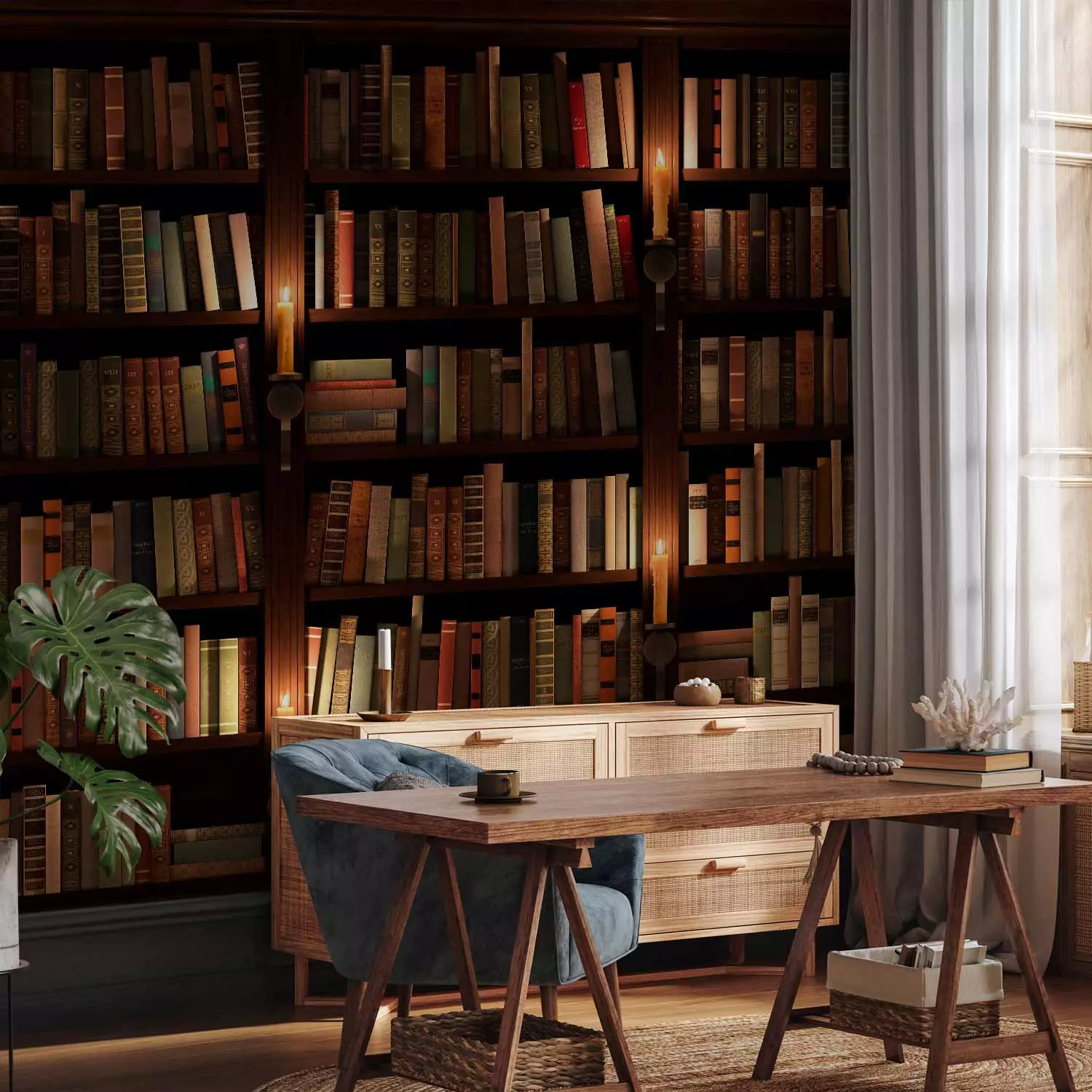 Photo Wallpaper Wooden shelves - retro-style bookcase with books and fire