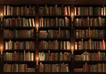 Photo Wallpaper Wooden shelves - retro-style bookcase with books and fire Wallpaper Cropper