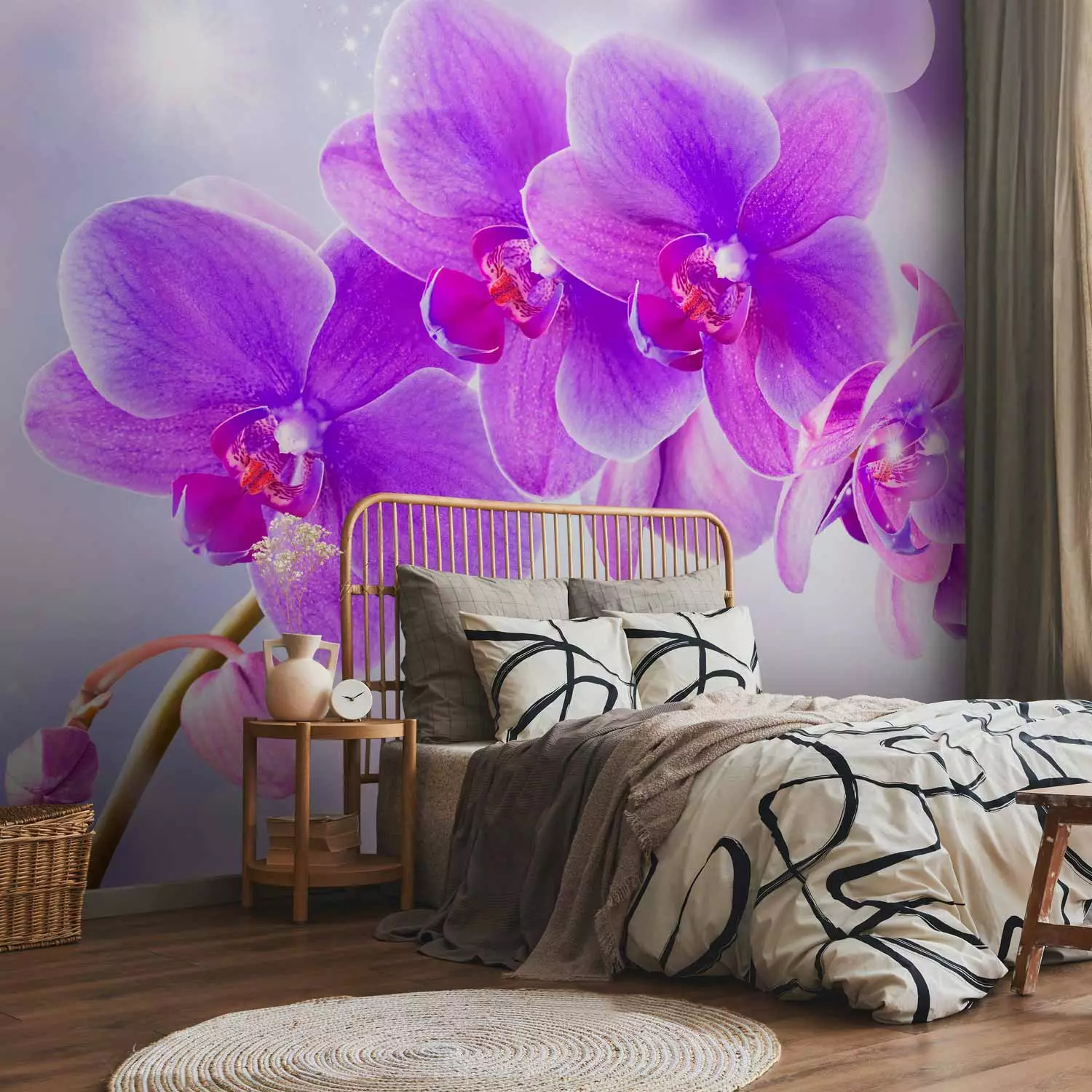 Wall Mural Purple orchids - floral motif on a background with light glow effect