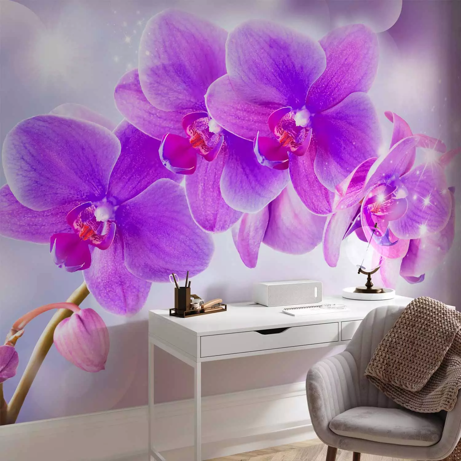 Wall Mural Purple orchids - floral motif on a background with light glow effect