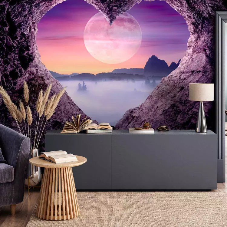 Photo Wallpaper Purple cave - mountain landscape with full moon and heart  motif - bimago