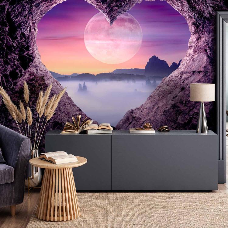 Wall Mural Purple cave - mountain landscape with full moon and heart motif
