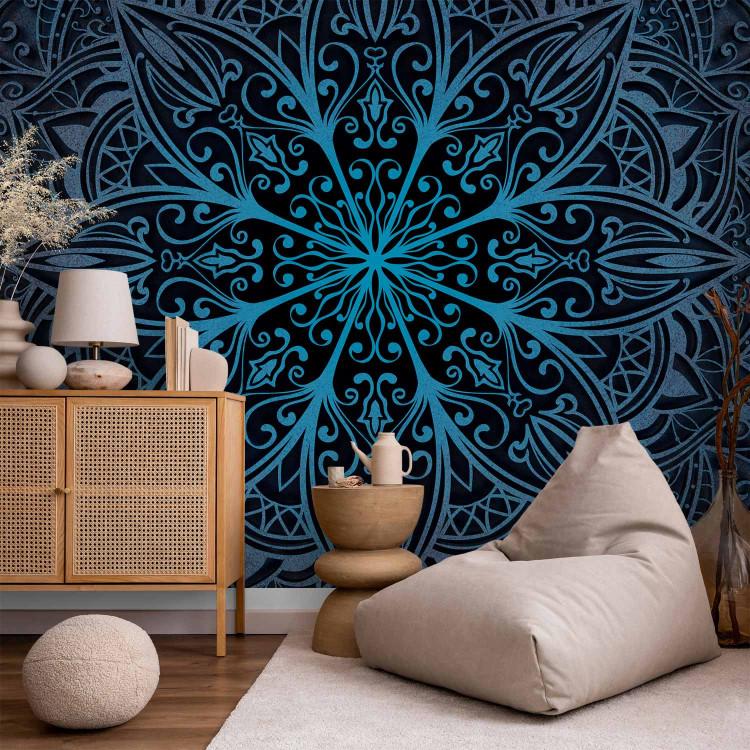 Wall Mural Oriental zen flower - exotic blue Mandala on black background