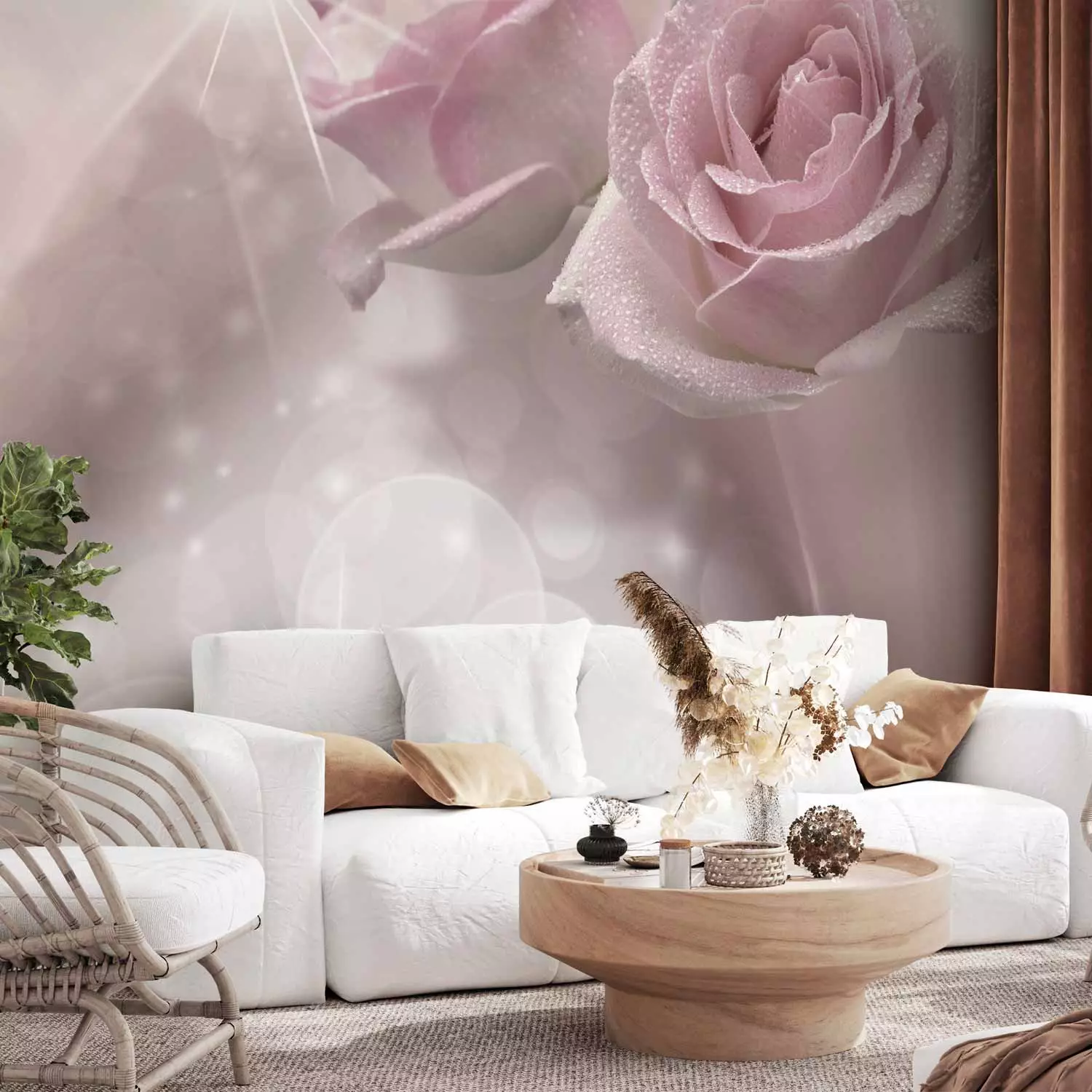 Photo Wallpaper Romantic composition - motif of dewy pale pink roses with sparkle