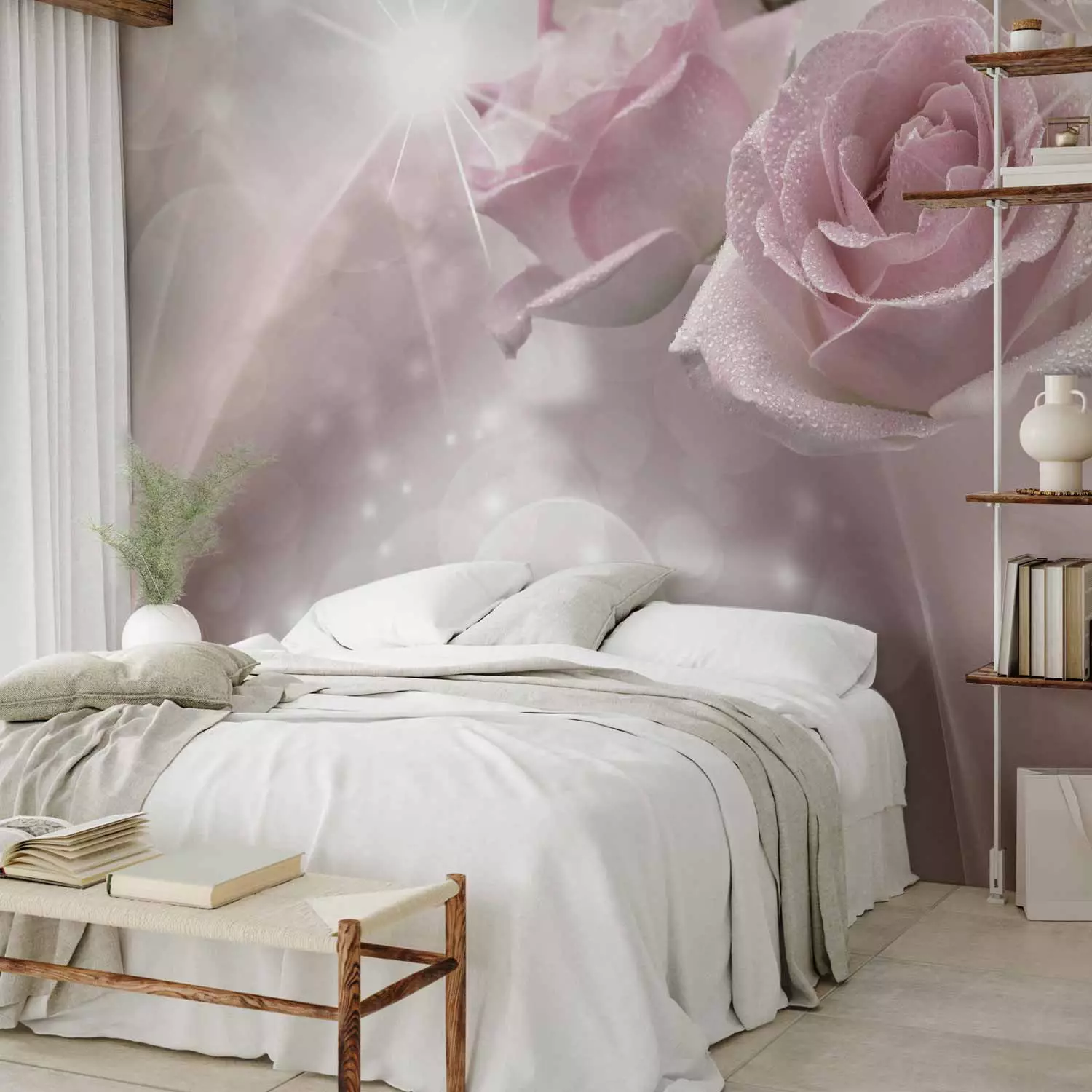 Photo Wallpaper Romantic composition - motif of dewy pale pink roses with sparkle