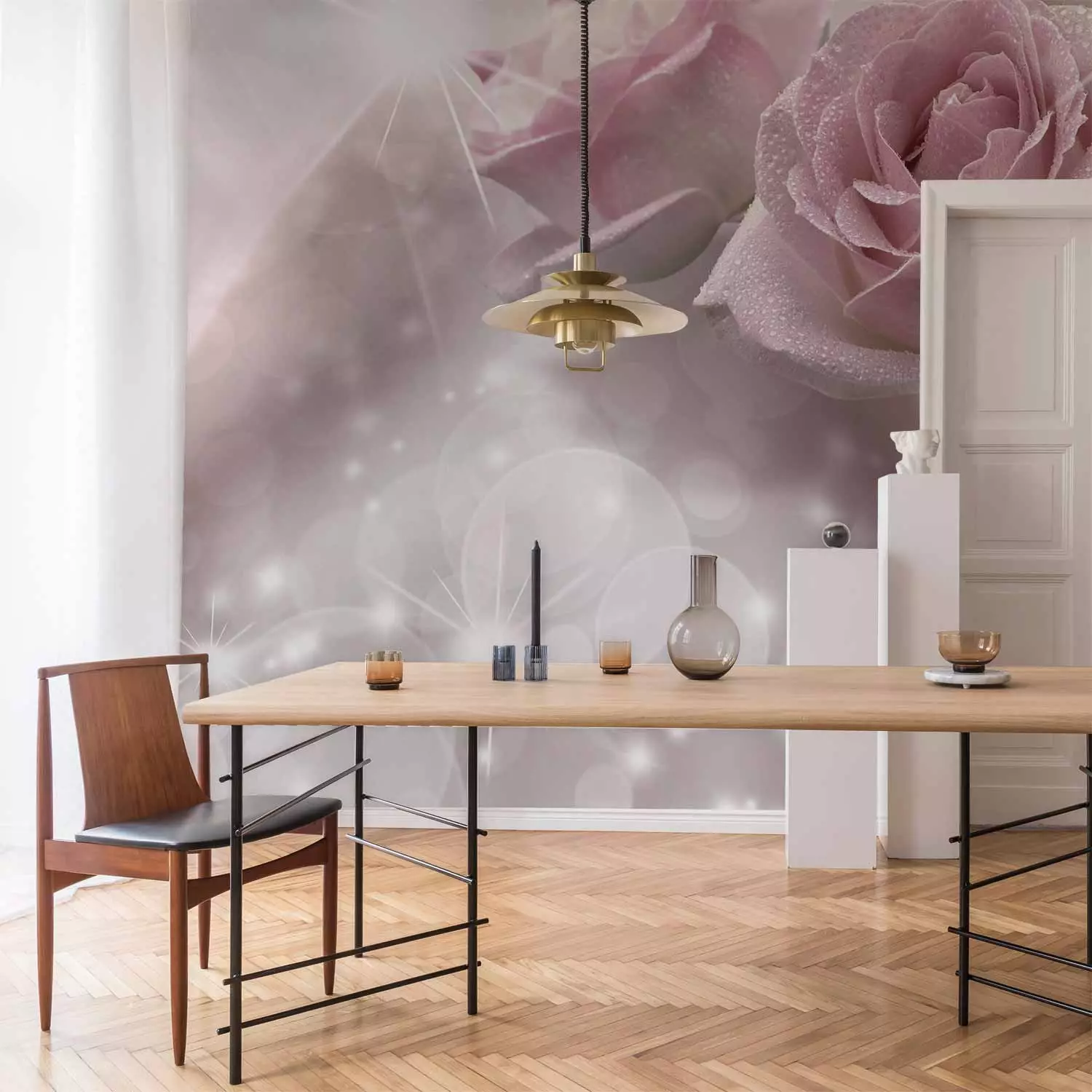 Photo Wallpaper Romantic composition - motif of dewy pale pink roses with sparkle