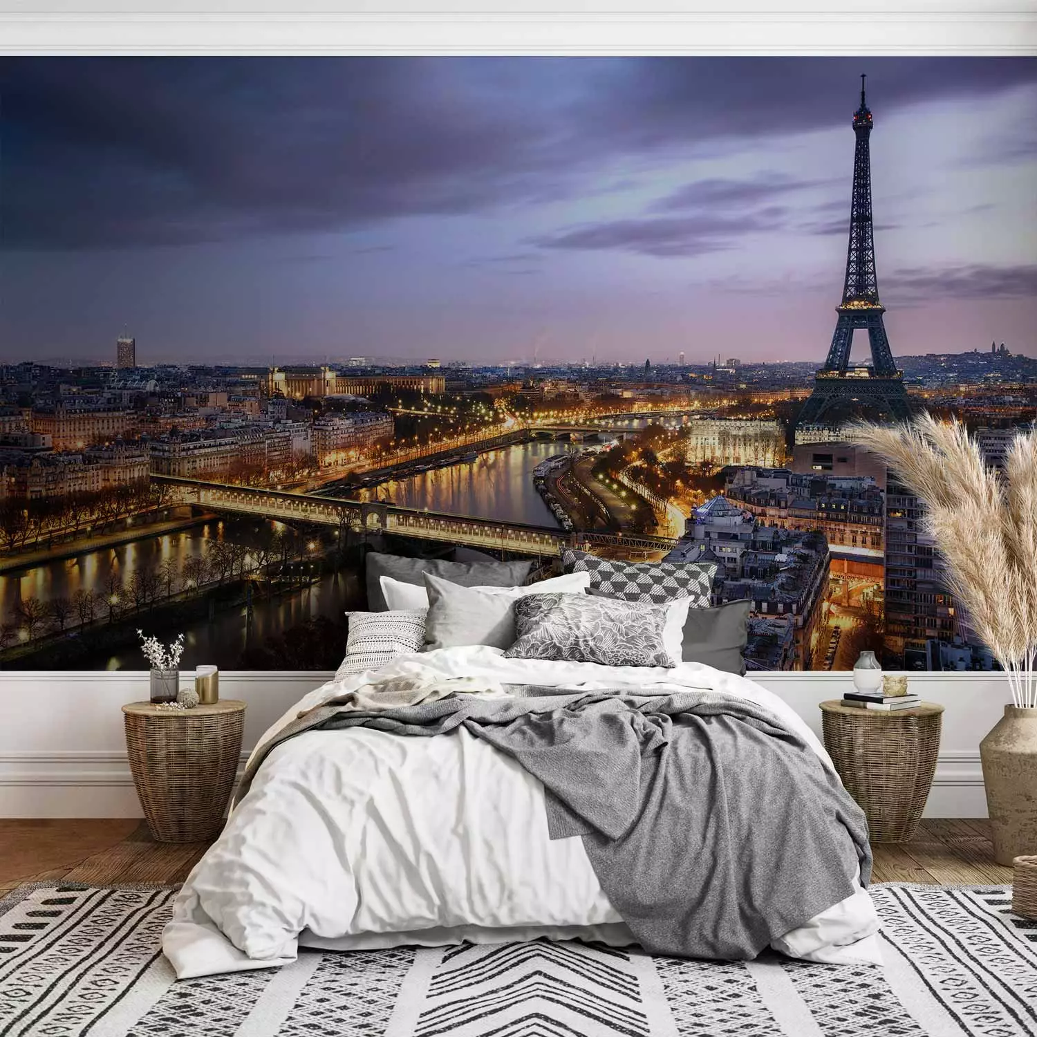 Photo Wallpaper Urban architecture of Paris - the French city by night with the Eiffel Tower
