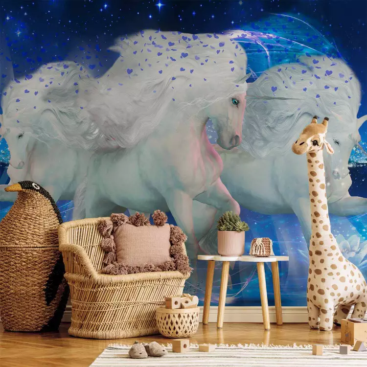 Wall Mural White unicorns - magical motif in blue shades with sparkle