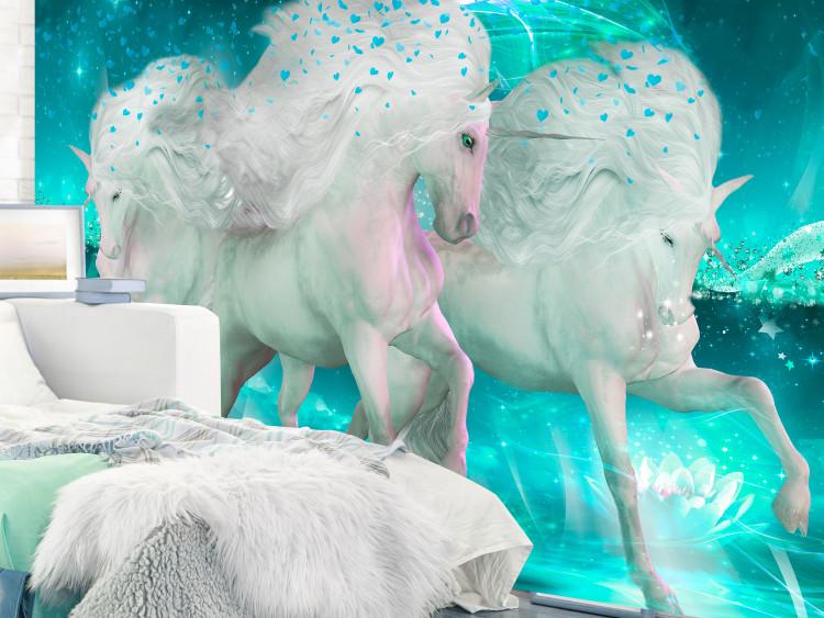 Wall Mural White unicorns - magic motif in turquoise shades with sparkle