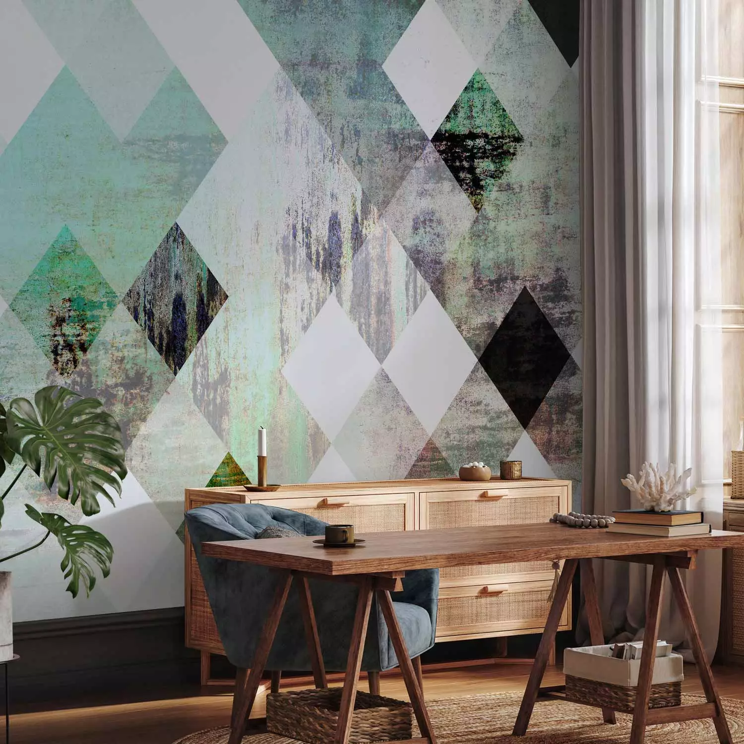 Photo Wallpaper Rhombic Chessboard (Green)