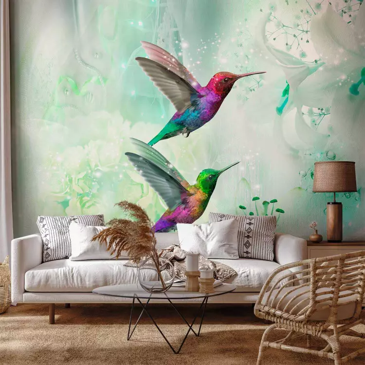 Wall Mural Coloured hummingbirds - motif of multicoloured birds in green patterns