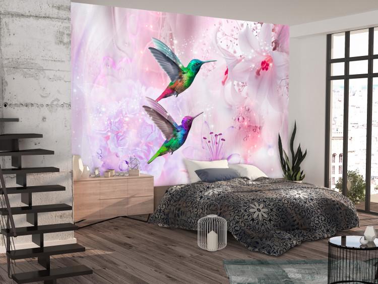 Wall Mural Coloured birds - a pink composition with hummingbirds and lilies with sparkle