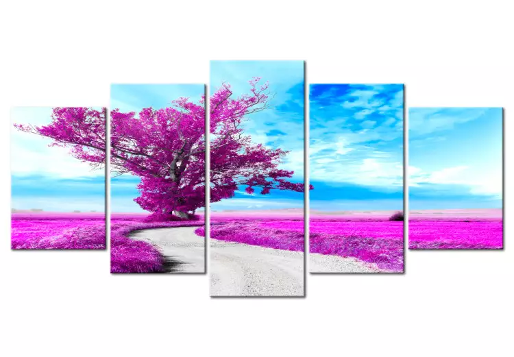 Canvas Tree by the Road (5-part) - Fantasy of Purple Nature