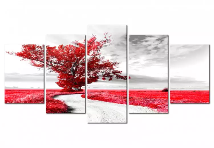 Canvas Tree near the Road (5 Parts) Red
