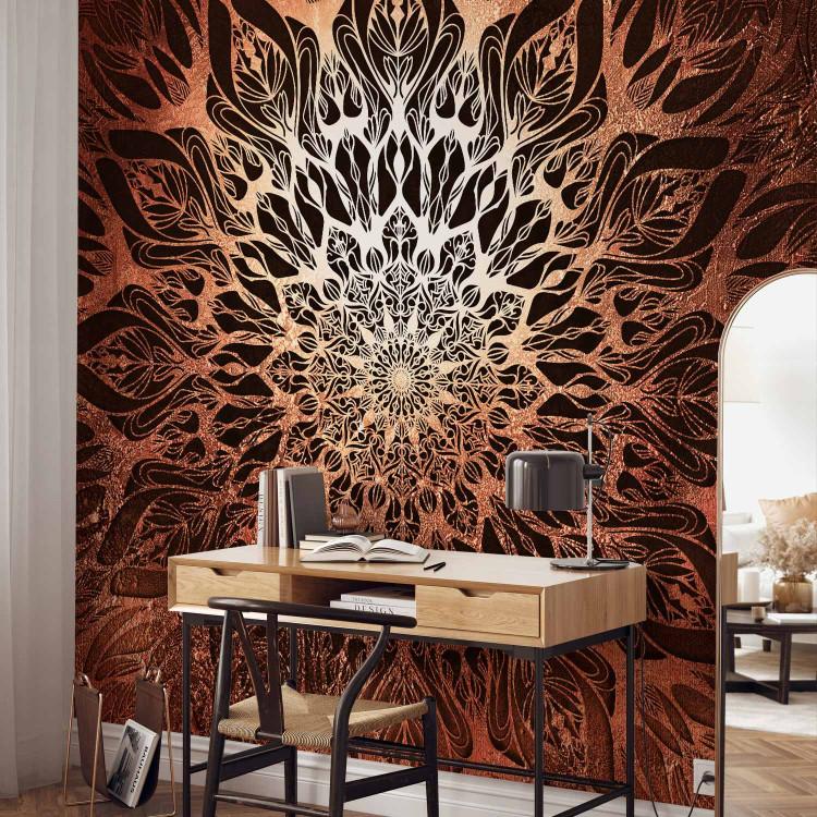 Wall Mural Oriental spider web - black illuminated zen mandala on a background in browns