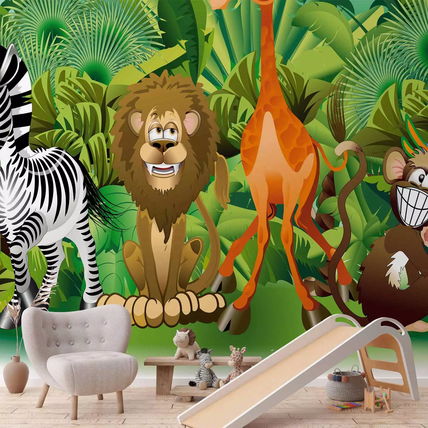 Wall Mural Jungle - wild animals from Africa among green trees for children