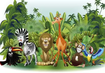 Wall Mural Jungle - wild animals from Africa among green trees for children Wallpaper Cropper