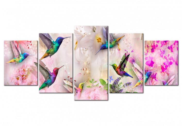 Canvas Colourful Hummingbirds (5 Parts) Wide Pink