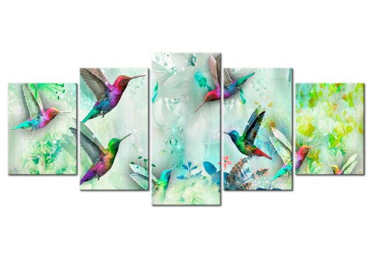 Canvas Colorful Hummingbirds (5-part) Wide Green - Romantic Birds