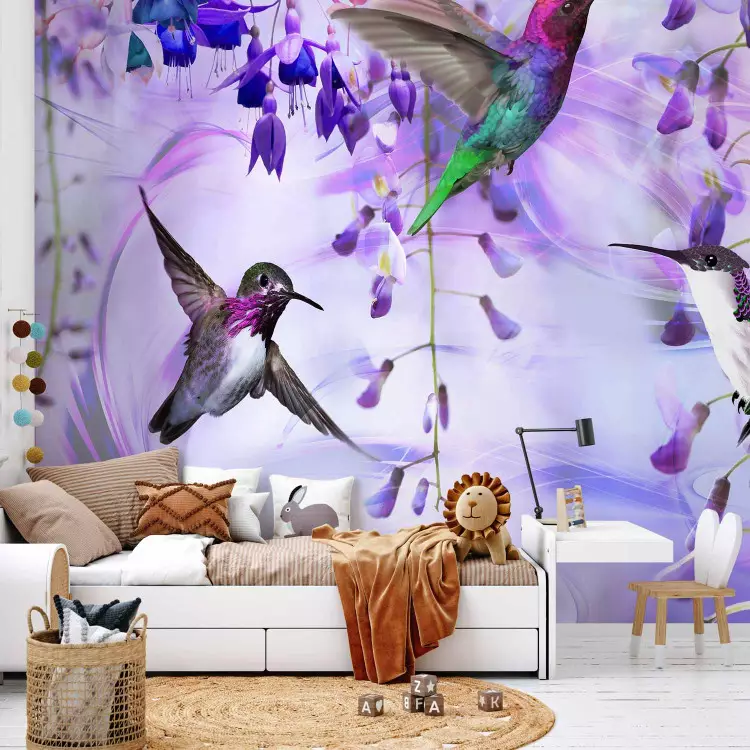Wall Mural Flying hummingbirds - flying birds motif among flowers in purple