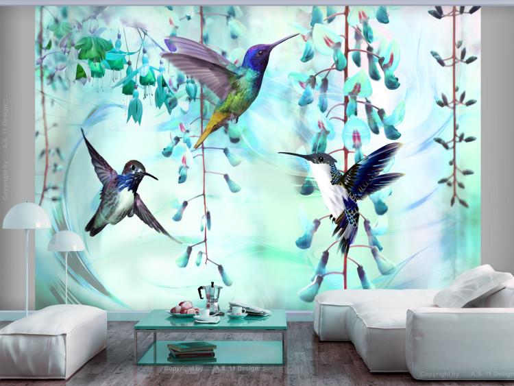 Wall Mural Flying hummingbirds - birds among flowers motif in green tones