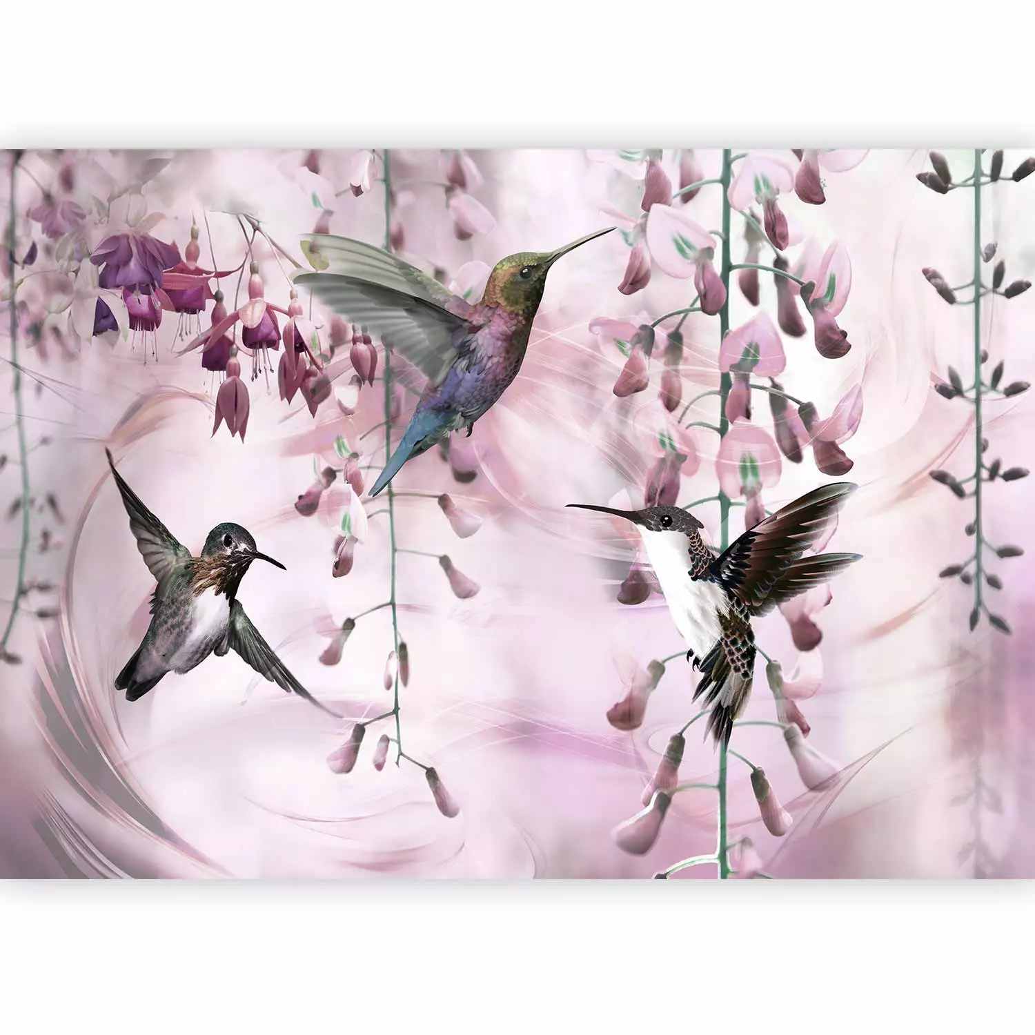 Photo Wallpaper Flying birds - motif of hummingbirds among flowers in pink  shades - bimago