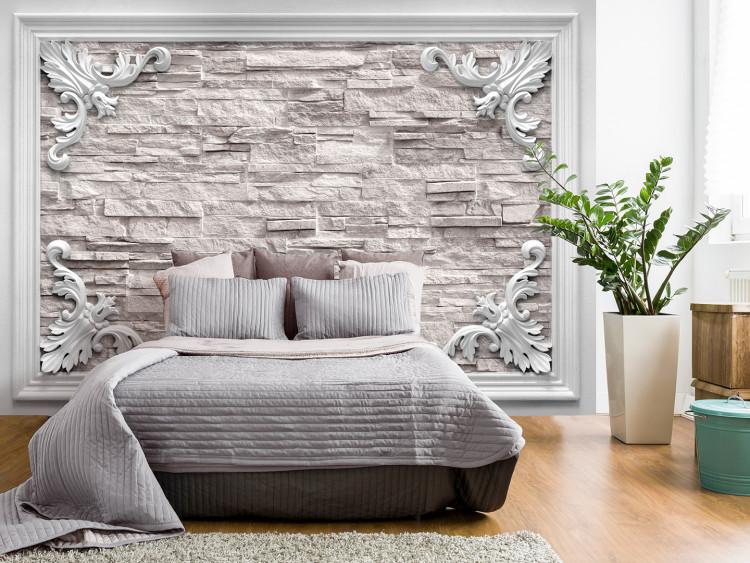 Wall Mural Frame with ornaments - white brick pattern enclosed in a picture frame