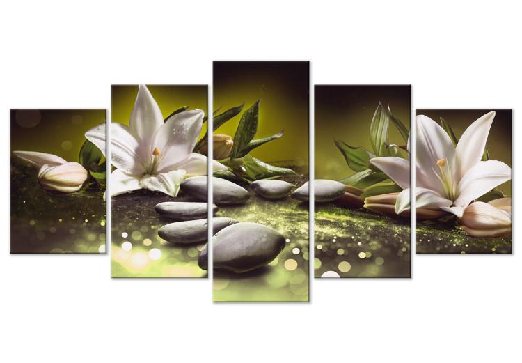 Canvas Lilies and Stones (5-part) Wide - Still Life in Zen Style