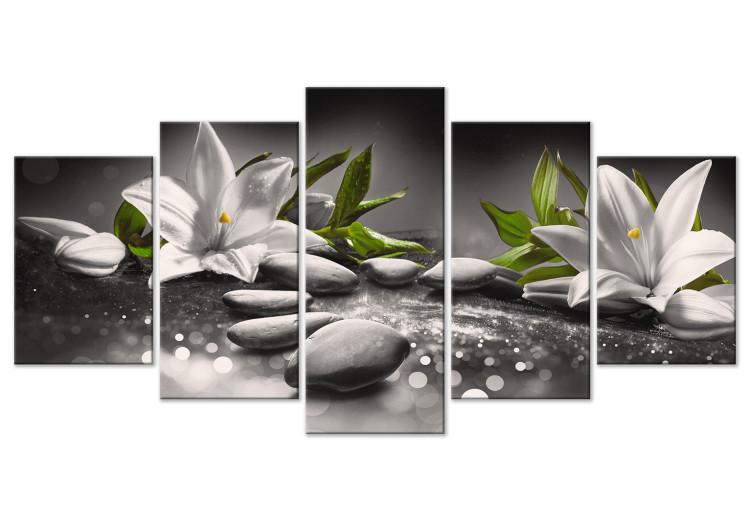 Canvas Lilies and Stones (5-part) Wide Gray - Nature in Zen Style