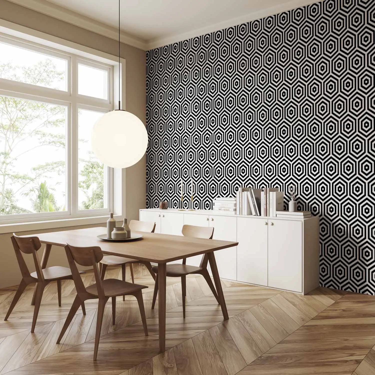 black and white dining room wallpaper
