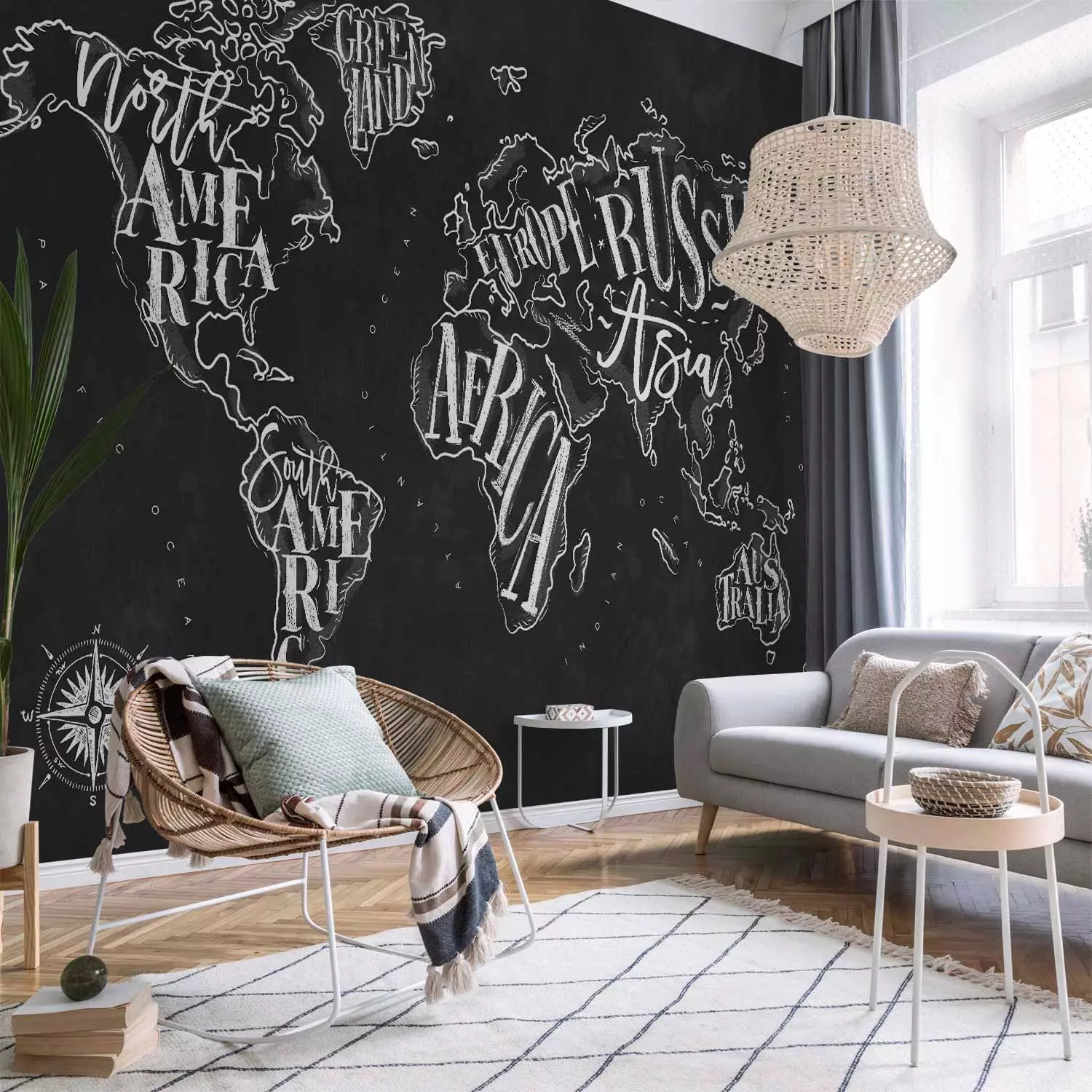 Photo Wallpaper Modern world map - black and white continents with English  names - bimago, image size:1500x1500