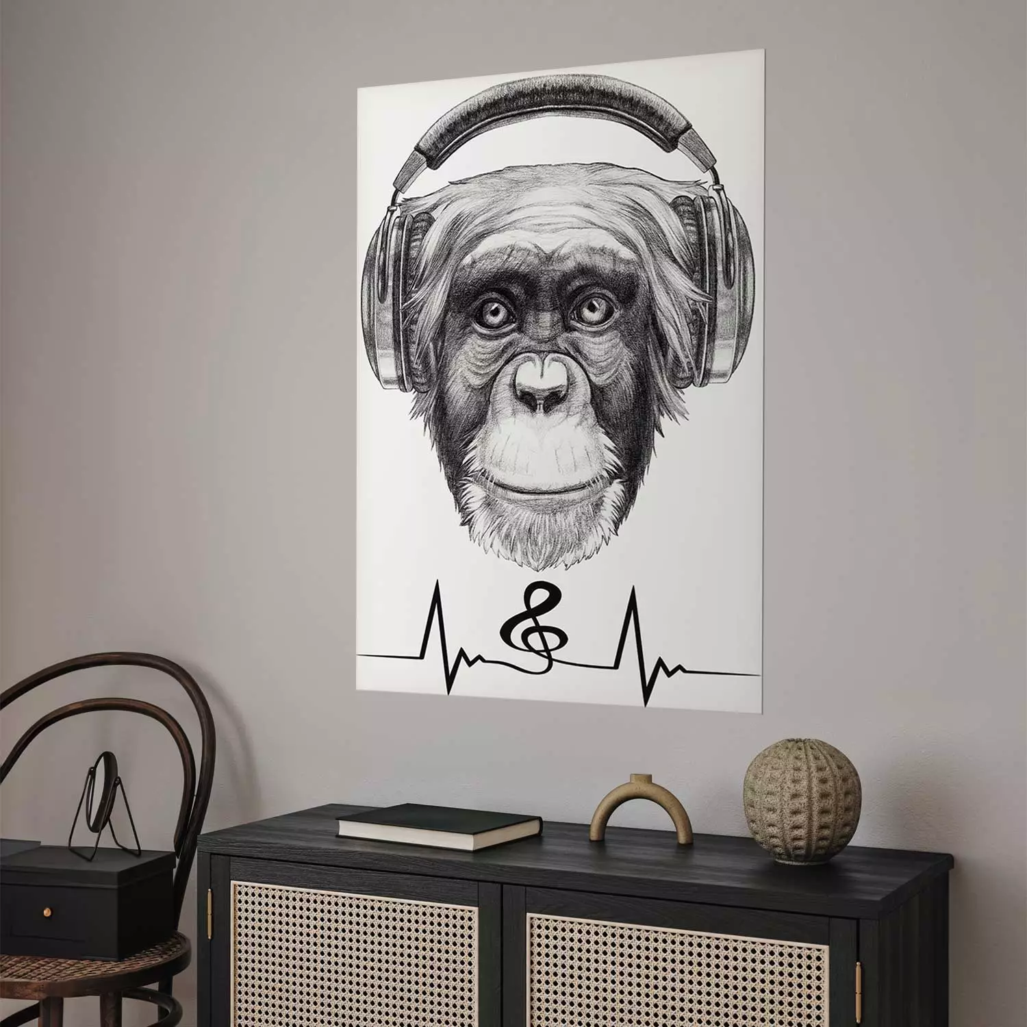Poster Musical Pulse - black and white musical composition with a monkey portrait