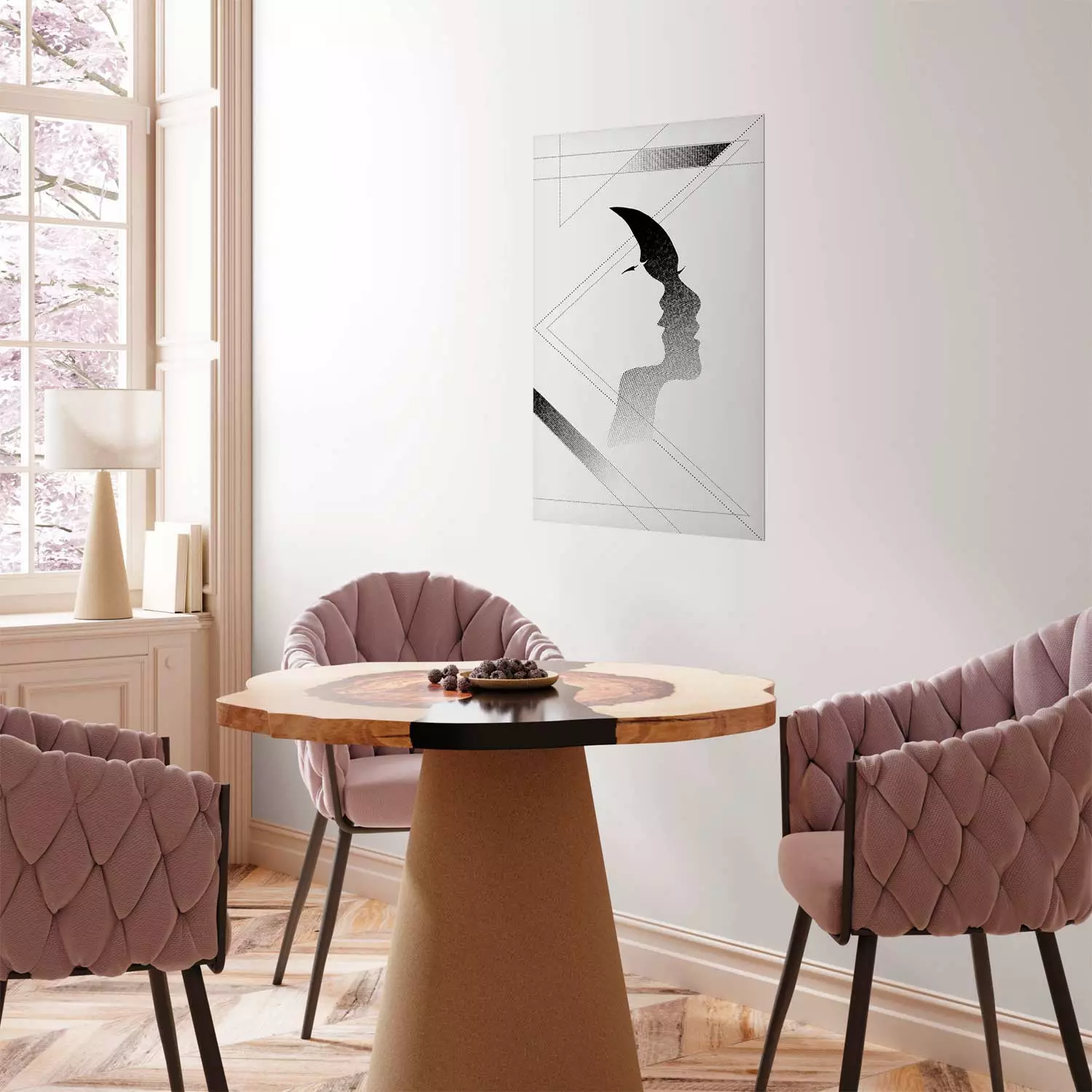 Wall Poster Woman's Shadow - geometric abstraction with a black and white woman's face