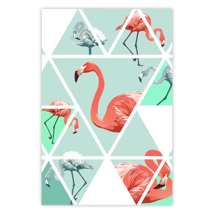 Poster Geometric flamingos - pink birds and triangles in shades of green