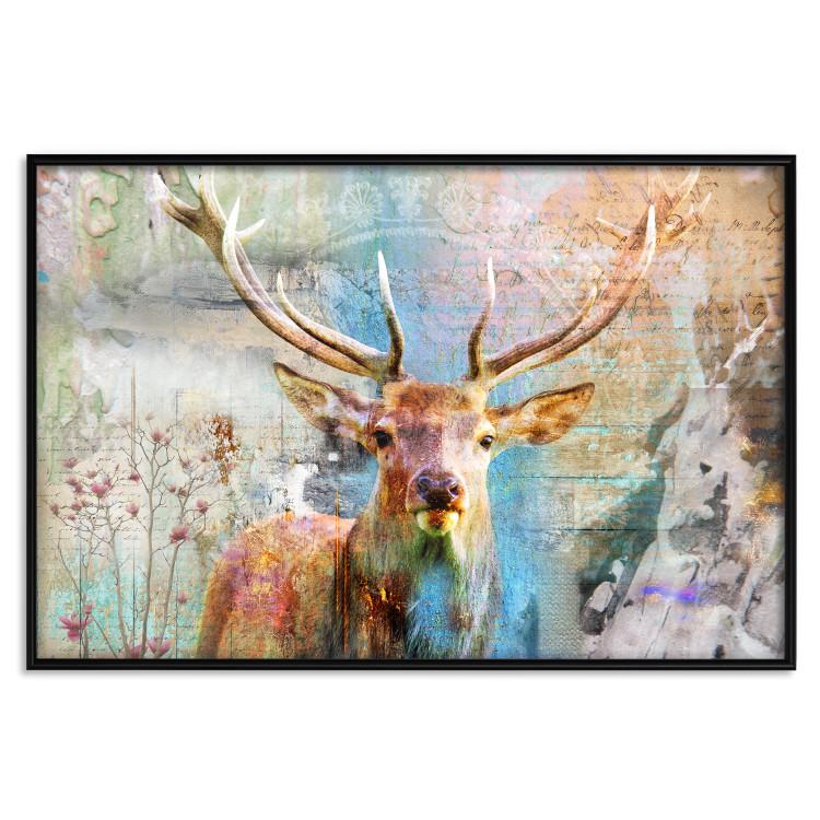 Poster Deer on Wood - abstraction with a forest animal and texts in the background