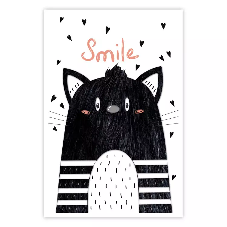 Poster Smile - black and white abstraction for children with a cat and a pink text