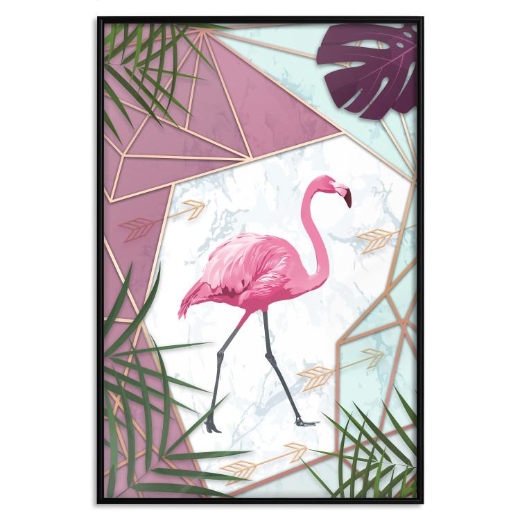 Poster Flamingo Stroll - geometric abstraction with a pink bird and leaves