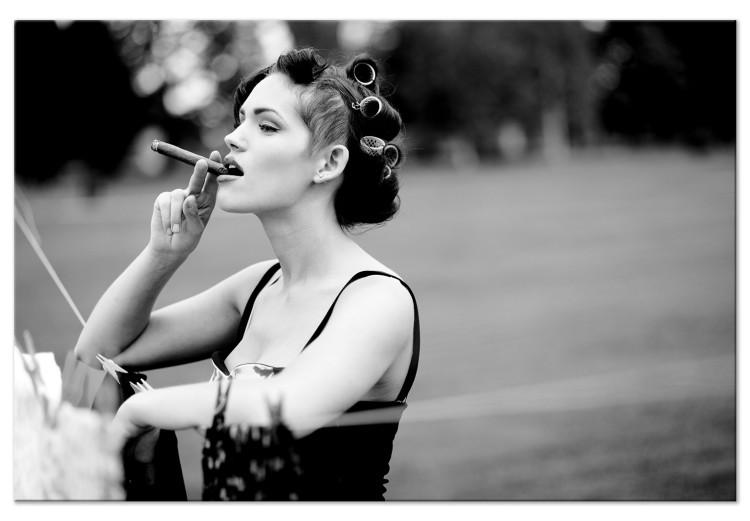 Canvas Mischievous Charm (1-part) - Woman with Cigar on Black and White