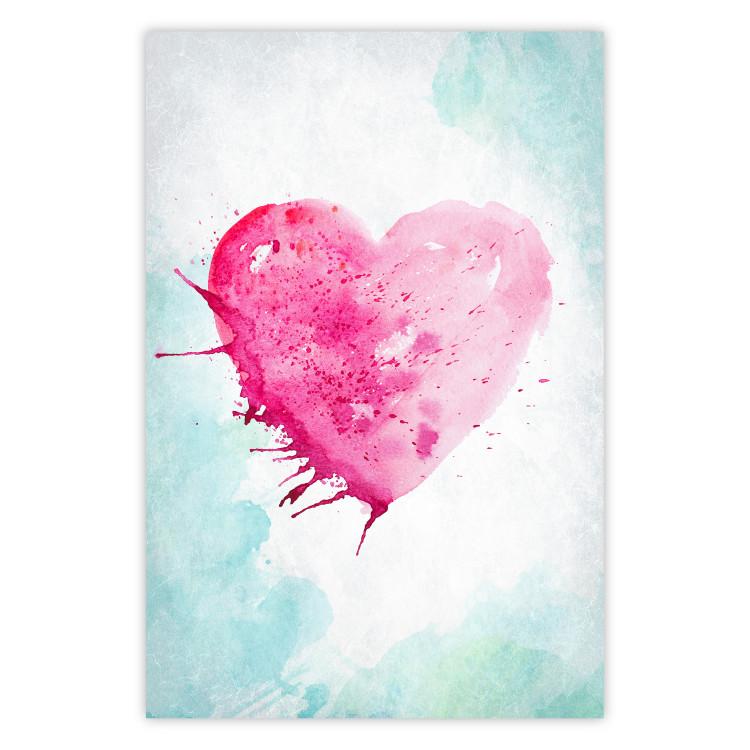 Poster Watercolor Love - composition with a pink heart on a blue background
