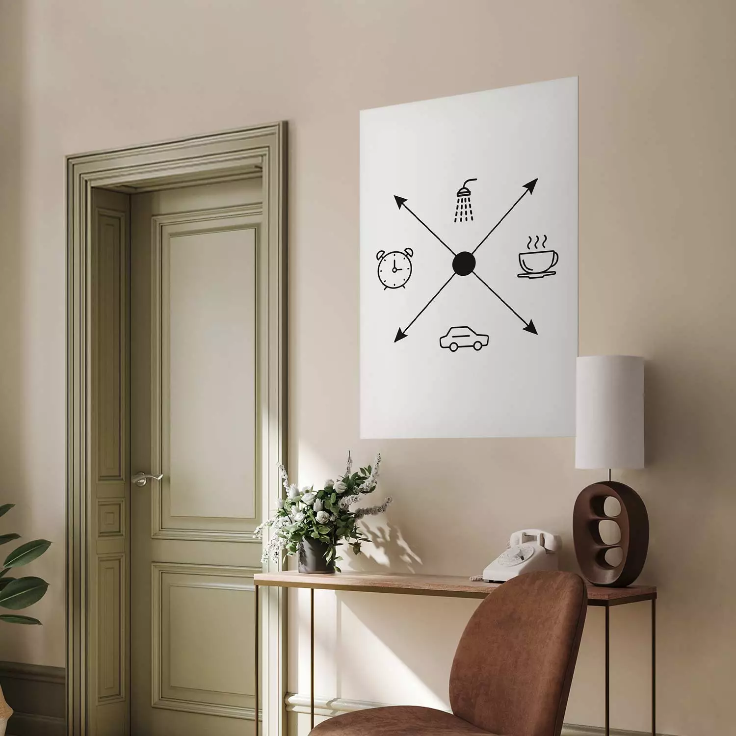 Poster Daily Schedule - black and white composition with a coffee cup and car