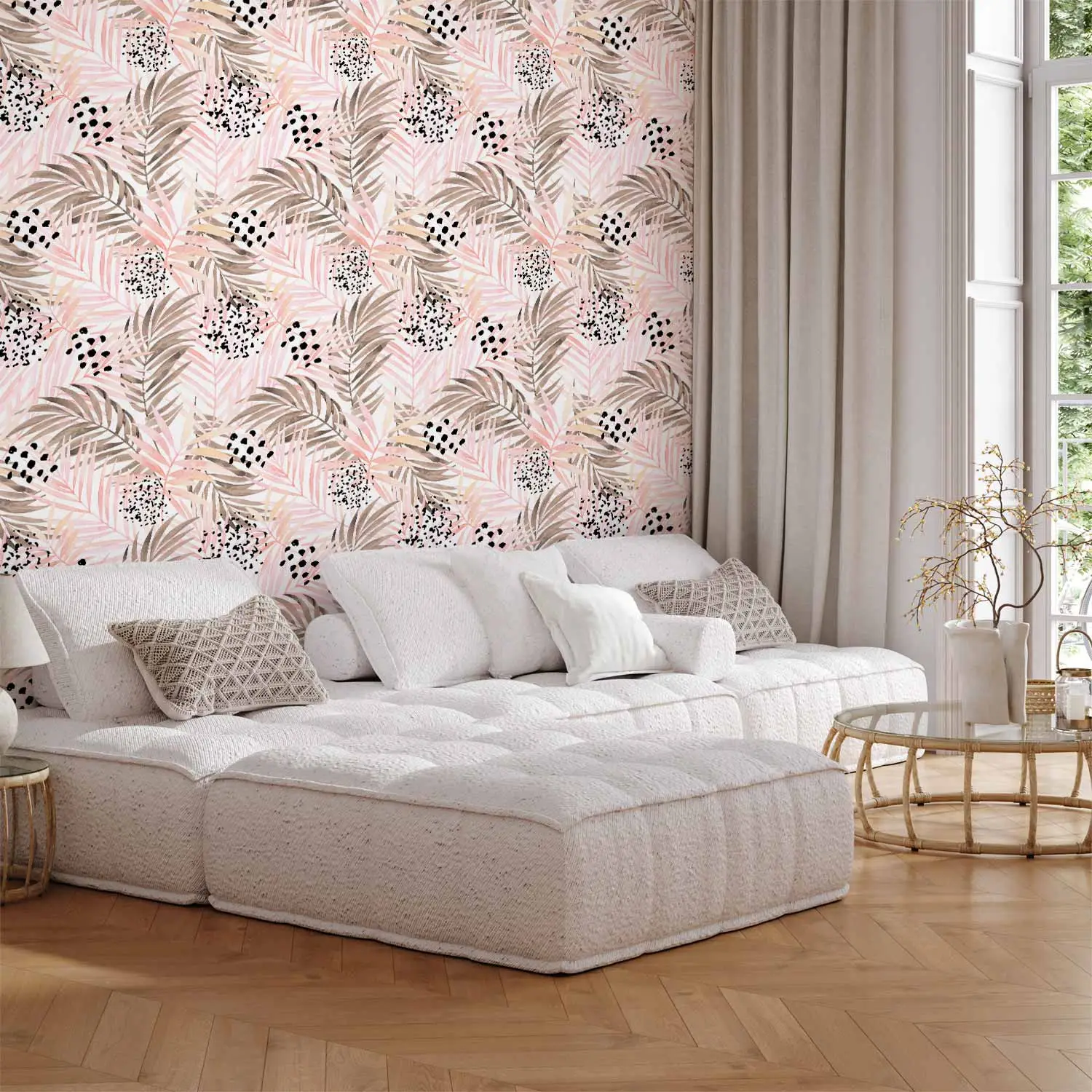 blush pink wallpaper living room