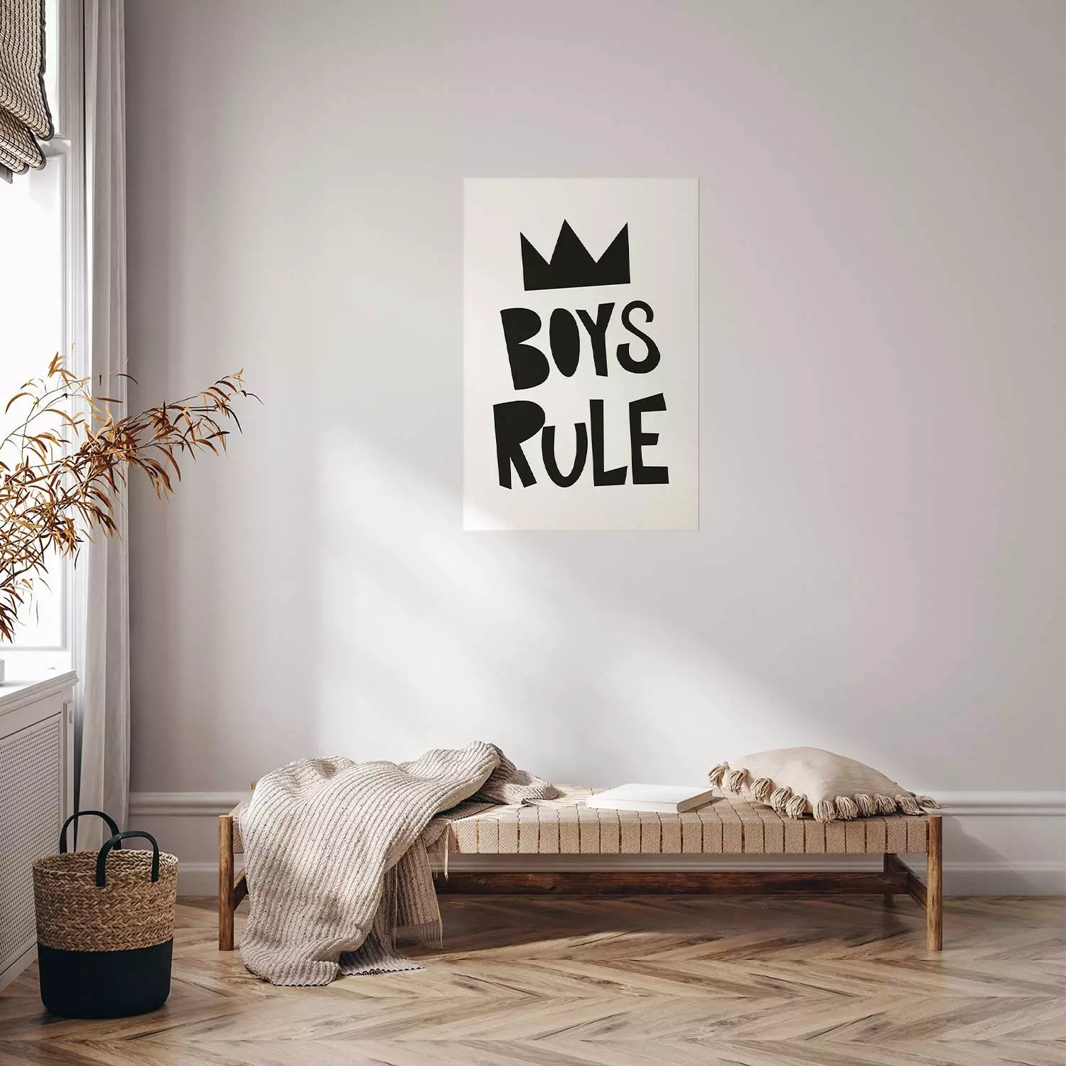 Wall Poster Boys Rule - black and white composition with a crown and English texts